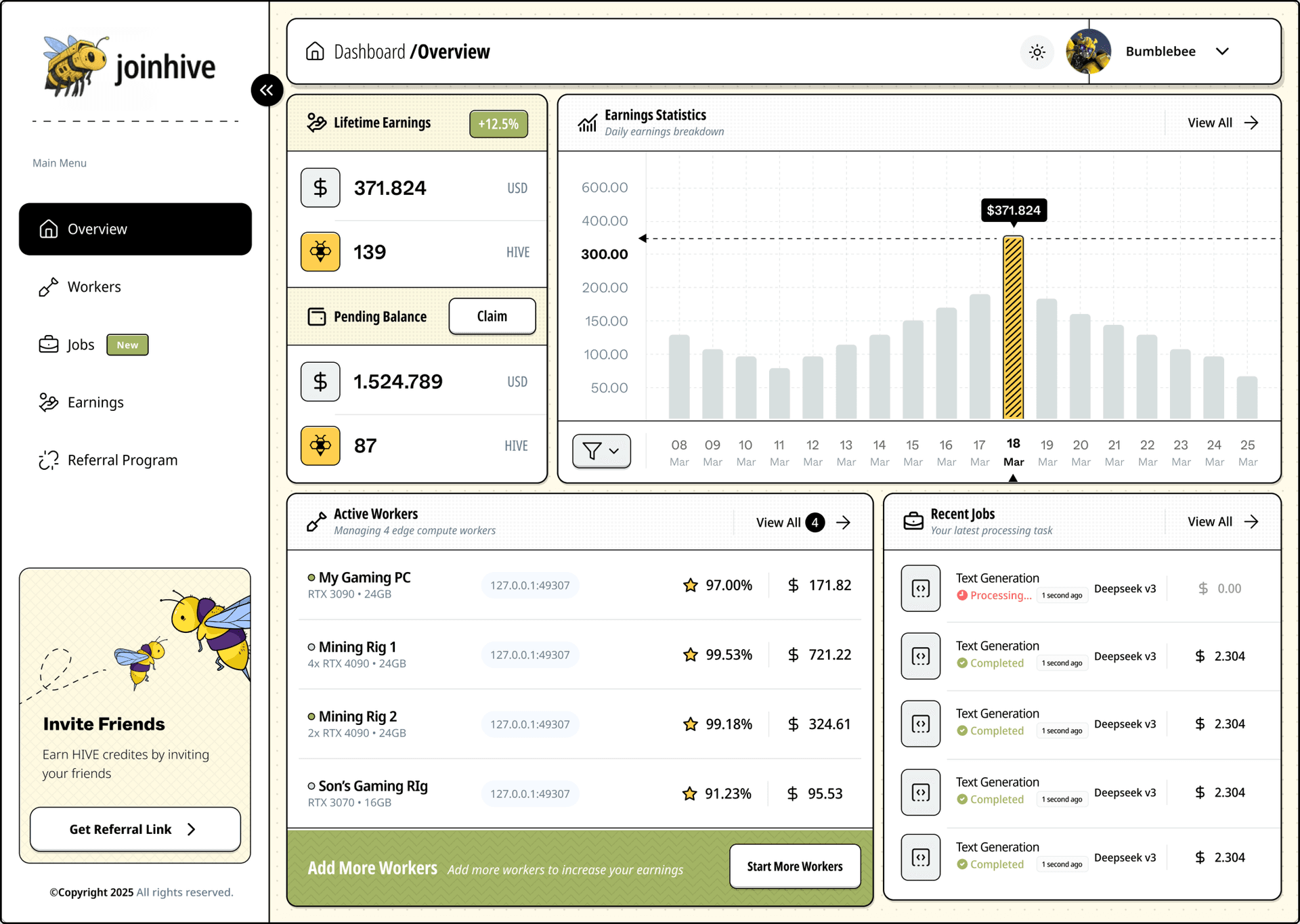 Hive Dashboard screenshot