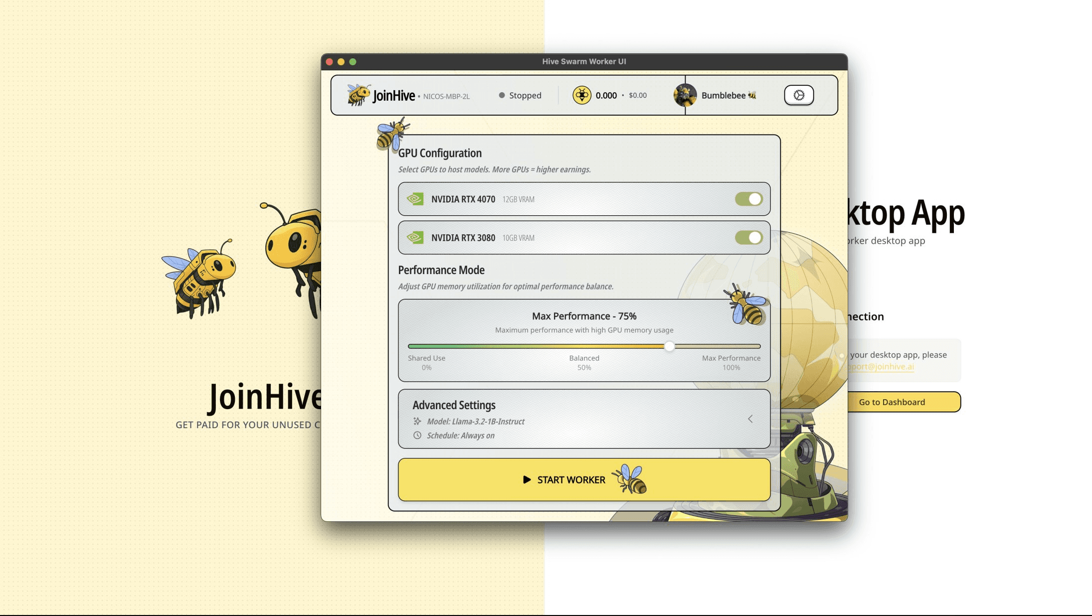 JoinHive Worker setup wizard UI